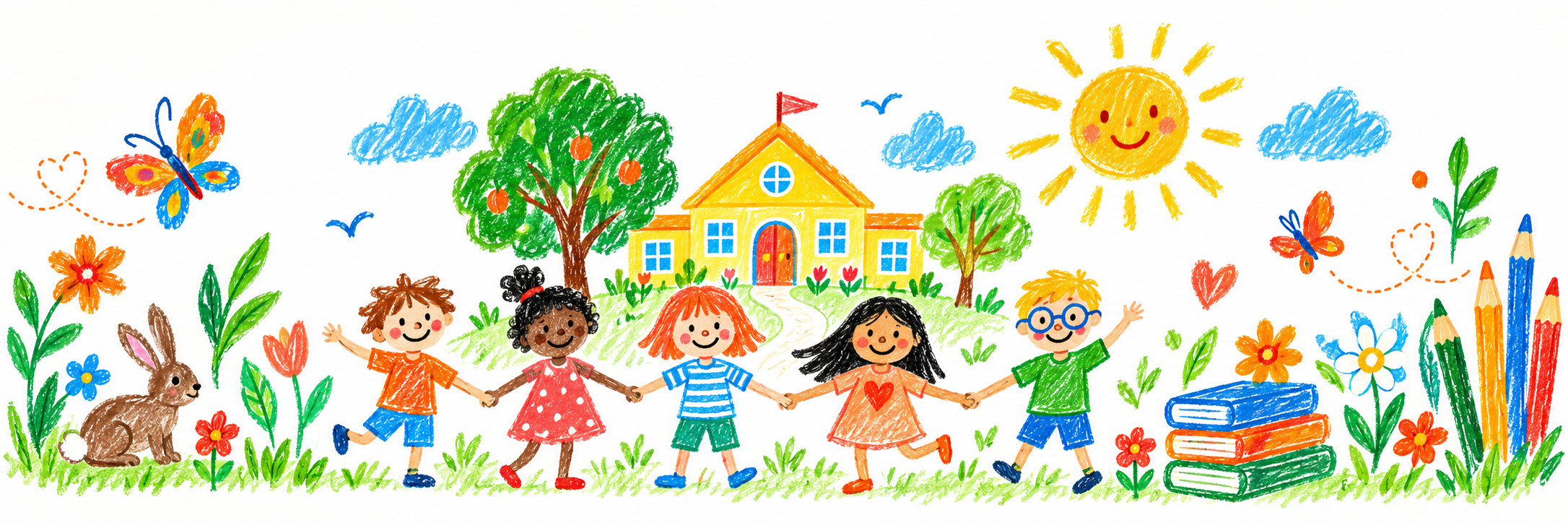 Illustration au crayon : des enfants se tiennent la main devant leur école, entourés de fleurs, d’un lapin et d’un soleil souriant.